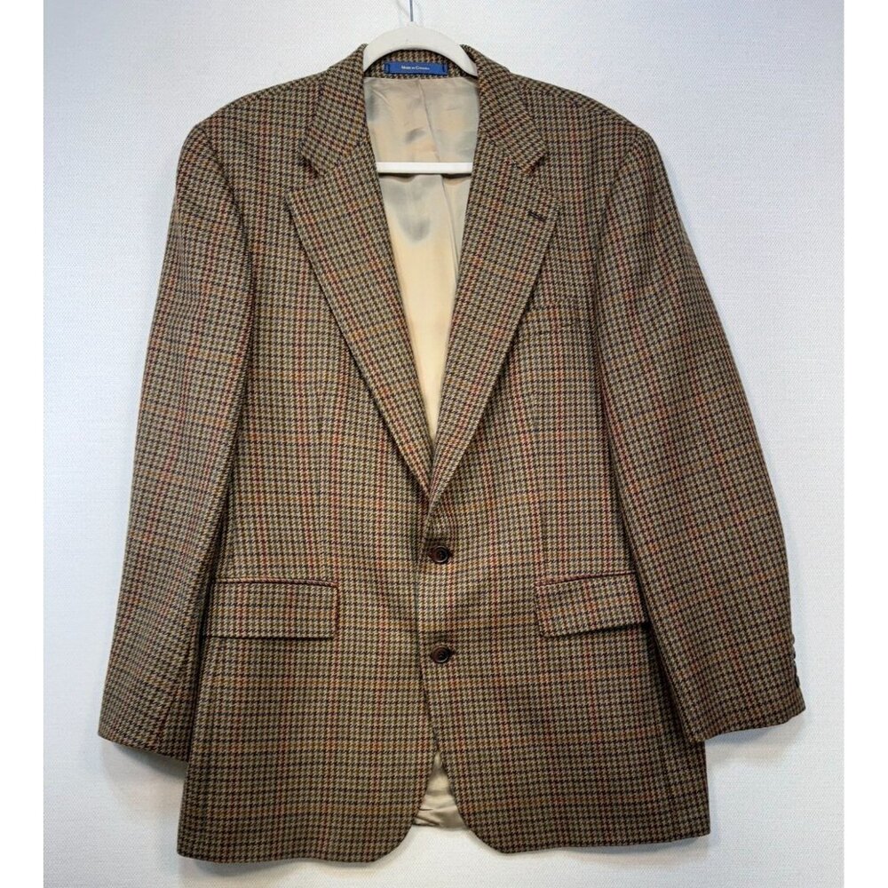 Chaps Ralph Lauren Mens Houndstooth Wool Blazer Jacket 42T Brown Academia